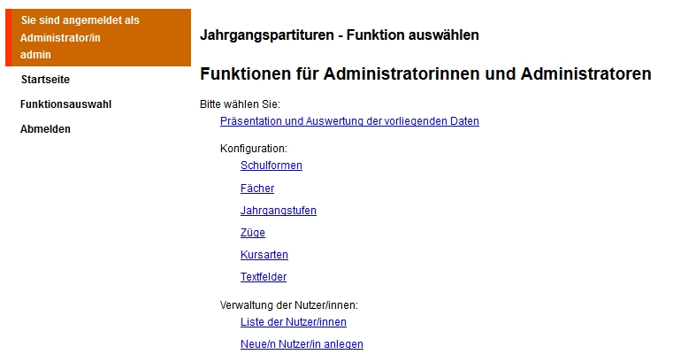 Menü des Administrators