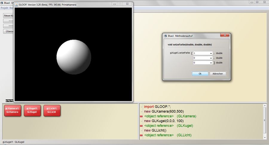 Abbildung 2: Eine GLKugel im Direktmodus von BlueJ