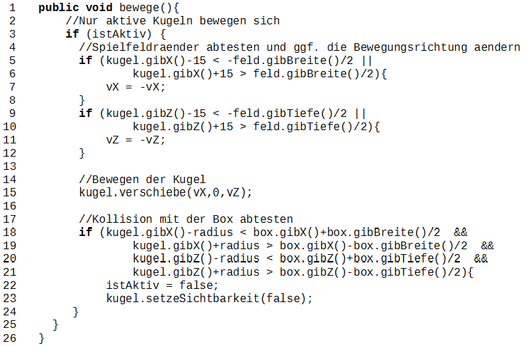 Code Bewegung der Kugeln Code Bewegung der Kugeln