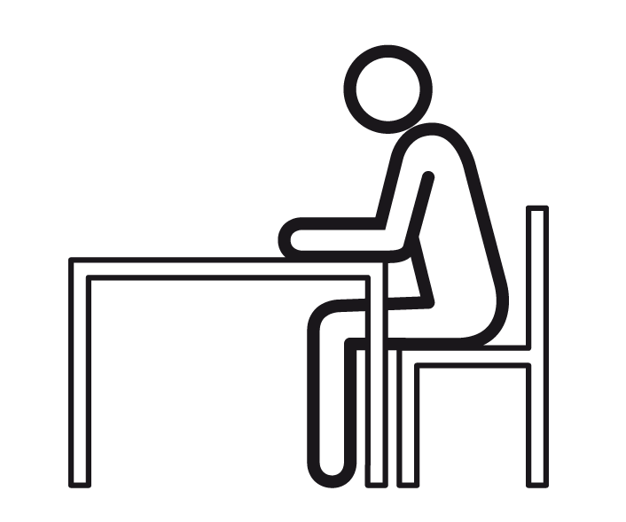 Die Grafik zeigt ein Strichm&auml;nnchen, das auf einem Stuhl an einem Schreibtisch sitzt. Die Unterarme des M&auml;nnchens liegen auf dem Tisch, der Kopf ist leicht nach unten gebeugt. 