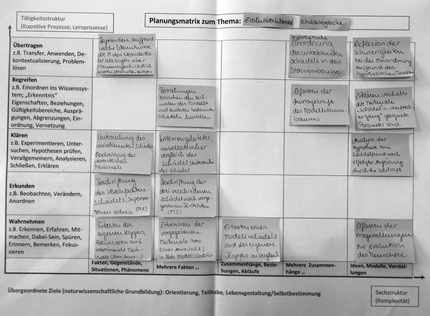 Die Abbildung ist ein Foto, das ein Lernstrukturgitter darstellt. Diese Gitter ist an einigen Stellen exemplarisch mit handgeschriebenen Klebezetteln inhaltlich gef&uuml;llt worden.