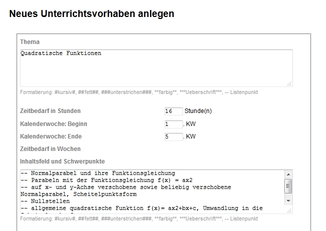 Bild: Eingabe eines neuen Unterrichtsvorhabens