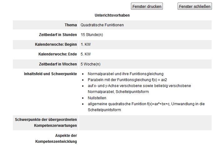 Bild: Detailfenster f&uuml;r ein Unterrichtsvorhaben