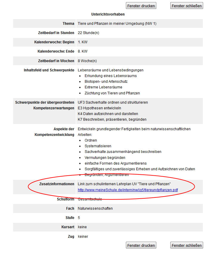 Bild: Kenndaten in der Lehreransicht