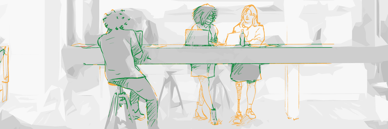 Personen sitzen am Tisch und arbeiten