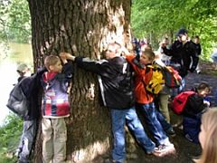 Kinder umarmen einen Baum